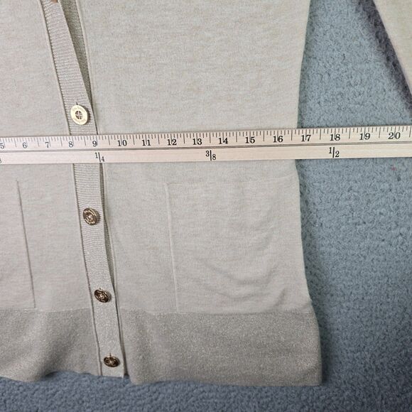 Lilly Pulitzer Gold Metallic Long Cardigan Sweater L V-Neck Logo Button Pocket - Picture 13 of 16